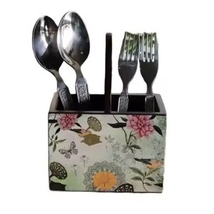 Custom Logo Acacia Wood Cutlery Holder Printed Sticker Double Tableware <b>Storage</b> Caddy Organizer Factory 4-Packs Flatware <b>Storage</b> - Product Image 1