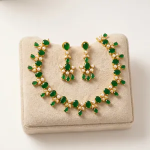<b>Gold</b> Plated Jade and Imitation Pearl Necklace and Earring <b>Set</b> Women's Classic Oval Cut Wedding <b>Jewelry</b> <b>Sets</b> - Product Image 2