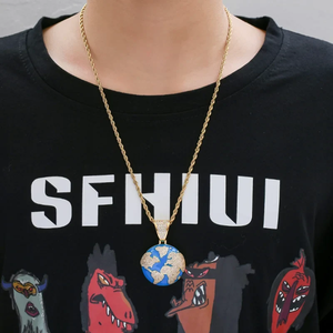 Mens Hip Hop Earth Pendant Silver Charm Necklace <b>Iced</b> <b>Out</b> Globe <b>Chain</b> Rhinestone Bling World Charm Streetwear Moissanite Jewelry - Product Image 2
