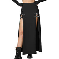 Jupes longues gothiques punk noires pour femmes avec fente à double boucle, taille haute, pour club et soirée