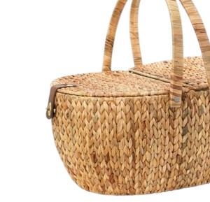 Panier de pique-nique en jacinthe d'eau, design traditionnel tressé à la main, panier à fruits en osier avec doubles couvercles et poignées confortables pour - Product Image 4