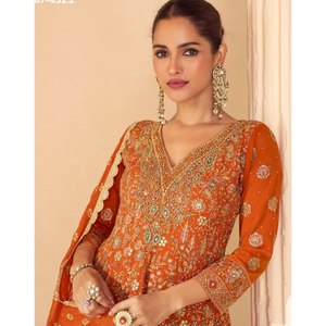 Ensemble Salwar Kameez brodé orange pour femmes avec dupatta, tenue ethnique traditionnelle pour mariage Inde Pakistan - Product Image 4