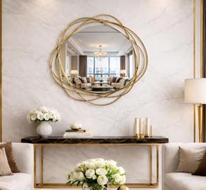 Round Brass Wall <b>Mirror</b> with Woven Frame Hollywood Glam Decorative Design for Living Room Bedroom - Product Image 5