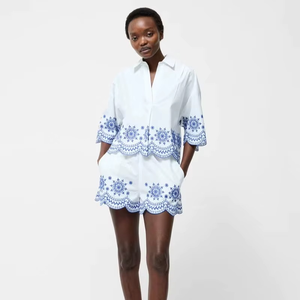 Quality Women's White Embroidered Casual Solid Chiffon Woven Short Two Piece <b>Set</b> Sleeveless O-Neck Crop Top Long Skirt 100% - Product Image 2