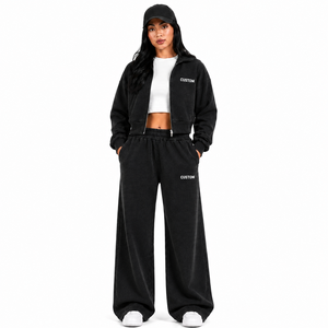 Survêtement noir délavé avec veste courte zippée et pantalon large, style streetwear décontracté, 100% coton molletonné, fermeture éclair intégrale, pour femmes, fournisseur - Product Image 1