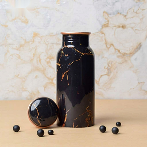 Thermos moderne de luxe en cuivre, design marbre noir et or, bouteille d'eau portable de voyage avec couvercle - Product Image 1
