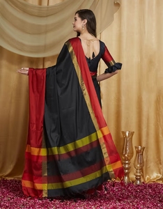 KV Women's Black & <b>Red</b> Cotton Silk Solid Print Saree With Unstitched <b>Blouse</b> - Product Image 5