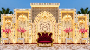 Outdoor <b>Wedding</b> Stage Backdrop with Mughal Mirror <b>Frames</b> Luxury Mirror Panels for <b>Wedding</b> Ceremony Stage Decor For Australia - Product Image 2