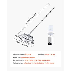 Rastrello da Giardino Regolabile Rinforzato con 25 Denti in Metallo, Testa in Plastica Larga 18,3 Pollici, Manico Lungo 36,4-72,8 Pollici per Prati - Product Image 5