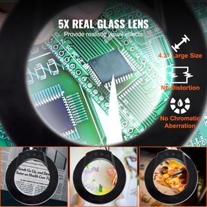 Loupe grossissante 5X avec support lumineux, lentille en verre de 4,3 pouces, loupe de bureau réglable de 64 pouces avec lumière, base à pince 2-en-1, grossissement 3x - Product Image 4