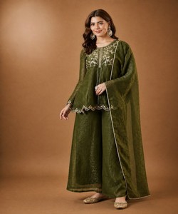 Ensemble haut et palazzo moderne en coton de luxe avec broderie en soie texturée et dupatta, style décontracté, prix de gros, vêtement ethnique - Product Image 1