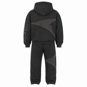 <b>Boys</b> Black Hooded Tracksuit Set Geometric Applique Design Full Length Sweatshirt And Pants Streetwear Style - Product Image 2