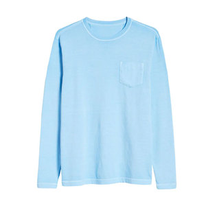 T-shirt à manches longues bleu clair pour homme, col rond, coupe classique, tricoté, couleur unie, style décontracté, 100% coton - Product Image 3