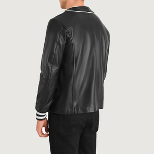 Men's Black PU <b>Leather</b> Bomber <b>Jacket</b> Regular Fit Stand Collar Button Closure Solid Color Casual Autumn Wear - Product Image 2