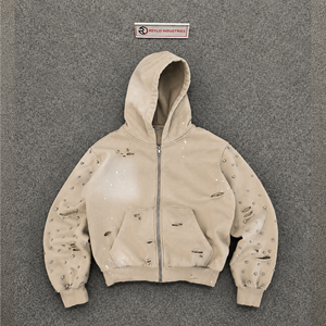 Sudadera con capucha beige extragrande para hombre, exclusiva de invierno, con detalles de cristales de imitación, bolsillos desgastados, estilo streetwear, 100% algodón - Product Image 5