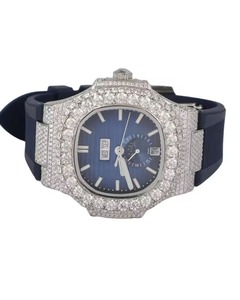 Montre pour homme tendance, acier inoxydable, cadran bleu, montre en moissanite, mouvement à quartz ETA, résistance à l'eau 3 bars, montre analogique-numérique - Product Image 1