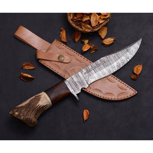 Cuchillo de Caza de Acero de Damasco Hecho a Mano de Edición Superior con Mango de Madera de Ciervo, Cuchillos de Supervivencia, Mejor Cuchillo Bowie de Hoja Fija Afilada - Product Image 1