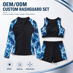 <b>Women's</b> Tropical Print Rash Guard Set Long Sleeve Zip-Up Top and <b>Shorts</b> with Front Logo UPF50+ Protection - Product Image 2
