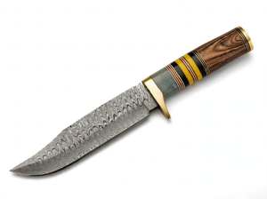 Handcrafted Damascus Steel Outdoor Field Utility Tool Rosewood Yellow Acrylic <b>Spacer</b> Handle Brass Guard - Product Image 6