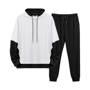 Men 2 Piece Tracksuit Outfit Contrast Color Patchwork Hoodie Sweatshirt Sweatpants Casual Jogging Sweatsuit <b>Set</b> - Product Image 1