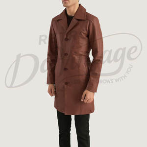Manteau trench-coat en cuir véritable marron pour homme, coupe classique slim, long, chaud et doux pour l'hiver. - Product Image 6