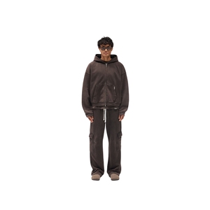 Blouson polaire zippé court marron pour homme avec capuche à cordon de serrage, style streetwear, vente en gros - Product Image 1