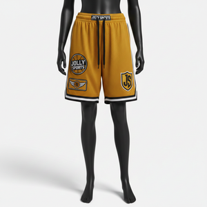 Short de basketball en maille polyester premium 180 GSM jaune moutarde avec patch chenille et bordure rayée tissée - Product Image 1