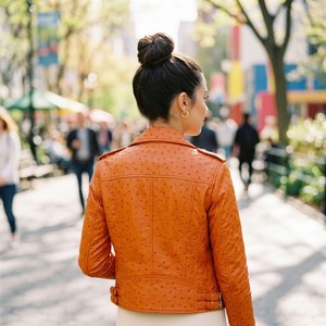 Chaqueta de Cuero con Estampado de Avestruz para Mujer, Chaqueta de Motociclista de Cuero Genuino, Hecha a Mano y Personalizada - Product Image 6