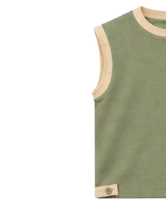 Ensemble décontracté homme été vert olive et beige contrastant, haut sans manches et short, taille à cordon, mélange de coton respirant et confortable - Product Image 3