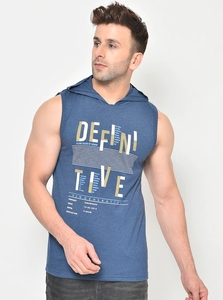 Men's Sleeveless Hooded Tank Top Blue Printed Letter Design Casual Wear Breathable Cotton Knitted O-Neck Front <b>Logo</b> - Product Image 5