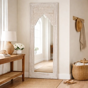 Rustic Hand Carved Wooden Full Length Mirror <b>Antique</b> Arch <b>Frame</b> for Modern Farmhouse Bedroom Entryway Decor - Product Image 1
