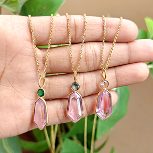 Gorgeous pink quartz <b>with</b> multiple cubic zirconia pendant 18k gold plated brass metal chain wholesale faceted stone necklace - Product Image 5