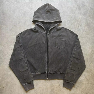 Sudadera con capucha de algodón 100% de alto gramaje estilo urbano con cremallera, logotipo personalizable, múltiples bolsillos y estilo desgastado para la temporada de otoño al por mayor - Product Image 1