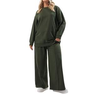 ชุดลำลองผู้หญิงไซส์ใหญ่สองชิ้น เสื้อสเวตเชิ้ตผ้าฝ้ายและกางเกงขายาวทรงกว้าง ชุดลำลองขายส่ง ผู้ผลิต OEM - Product Image 3