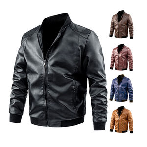 <b>Men's</b> PU Leather Bomber <b>Jacket</b> Stand Collar Zipper Closure Regular Length Solid Color Moto <b>Biker</b> Style - Product Image 5