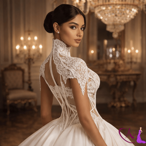 Vestido de Novia de Lujo con Cuello Alto y Corsé, Bordado de Encaje, Silueta de Sirena |   Vestidos de Fiesta Elegantes y Personalizados de Diseñador - Product Image 2