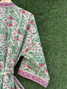 Indian Floral Hand Block Print Handcrafted 100% Cotton Women's Long Sleeve V-Neck <b>Kimono</b> Robe Machine-Washable Summer High - Product Image 6