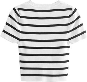 Crew Neck Short Sleeve Fashionable Striped Cropped <b>Top</b> -Shirt For Women Party Wear Sexy Fitness Crop Tank <b>Top</b> Girls T-Shirts - Product Image 3