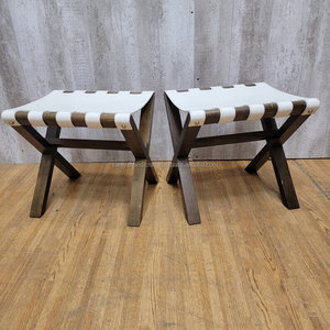 <b>Vintage</b> Walnut with Leather Hide Top Luggage <b>Rack</b> Footstools by Romeo Sozzi Pair by SANIYA HANDICRAFT - Product Image 1