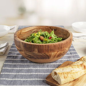 Bol de service en bois dur texturé en gros |   Grand saladier et bol à mélanger en bois rainuré rond - Product Image 5