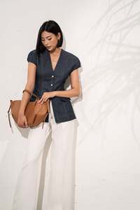 Blazer de Manga Corta con Cuello en V para Mujer, Chaqueta Tejida con Cinturón, Botones al Frente, Transpirable, para Oficina o Uso Casual - Product Image 2