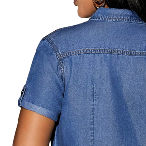 Camisa vaquera de manga corta para mujer, con botones, corte ajustado, de algodón lavado, cuello vuelto, blusa de mezclilla, top de moda de verano para uso diario - Product Image 4
