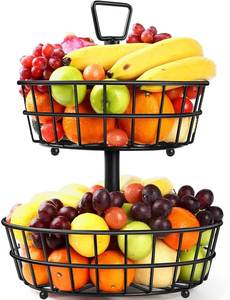 Panier à fruits en fil métallique à 2 niveaux avec base en bois, organisateur de comptoir de cuisine, émail noir, pour fruits, légumes et collations - Product Image 6