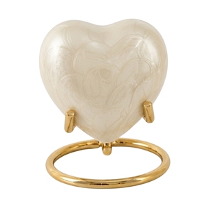 Urne funéraire élégante en nacre blanc ivoire en forme de cœur - Petite urne à motifs de plumes avec base de présentation en métal - Product Image 2
