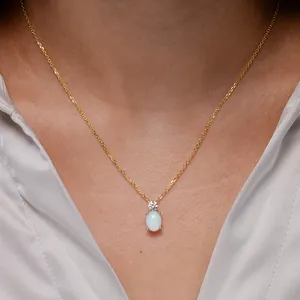 2026 Top Selling IGI Certified 14K <b>Solid</b> <b>Gold</b> Oval Cut Opal Solitaire <b>Pendant</b> with Diamond Two Stone Everyday Wear Necklace ODM - Product Image 4