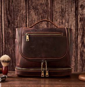 Genuine Leather <b>Toiletry</b> <b>Bag</b> Mens Dopp Kit Shaving Wash <b>Bag</b> Travel Cosmetic Pouch <b>Large</b> Capacity Factory OEM TYG-0190 - Product Image 1