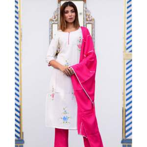 Magnifique ensemble de costume en mousseline de coton rose pour femme, peint à la main, avec dupatta brodée Gotta Jaal - Taille XS - Product Image 6