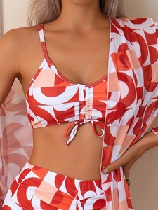 Conjunto de bikini con estampado geométrico para mujer, pantalones cortos con cuello halter y lazo frontal, traje de baño push-up de secado rápido, tankinis para la playa - Product Image 3