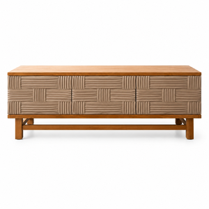Buffet multifonction moderne de luxe en teck massif avec portes et tiroirs en rotin, style mi-siècle, pour rangement de salon - Product Image 4
