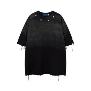 T-shirt noir surdimensionné pour homme, manches courtes, col rond, en coton tricoté, style streetwear, détails étoiles en strass, couleur unie, vêtement décontracté - Product Image 6
